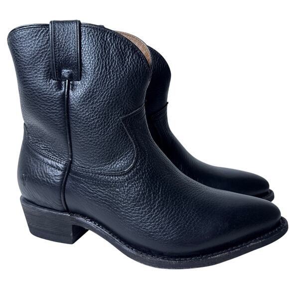 Frye Billy Short Cowboy Boots 7" Shaft Womens 8.5 Black Pebbled Leather Pull On - Picture 1 of 10